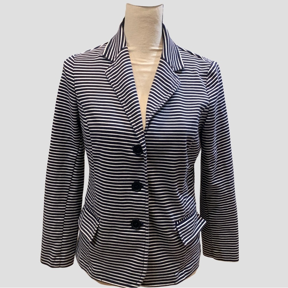 Talbots Blazer Women Size Large Petite Navy White Stripes Cotton Blend Nautical
